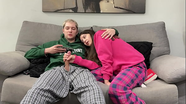 Step Brother Watch Porn and Jerk Off Next To Step Sister! But She Decide Handjob Him Instead Reading Boring Book