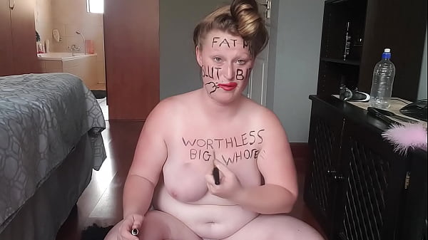 Big fat worthless pig degrading herself | body writing |hair pulling | self slapping